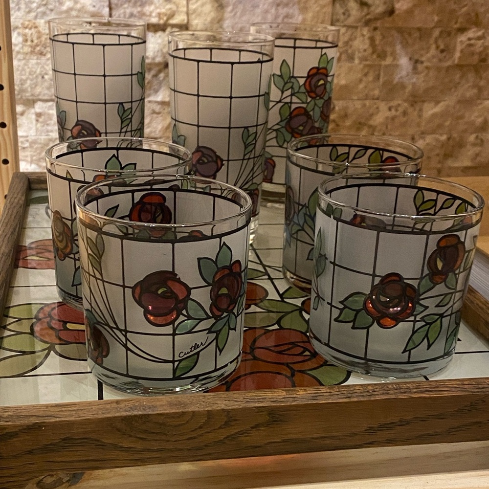 Mid Century Floral Beverage Set | 7 Glasses + Matching Tray